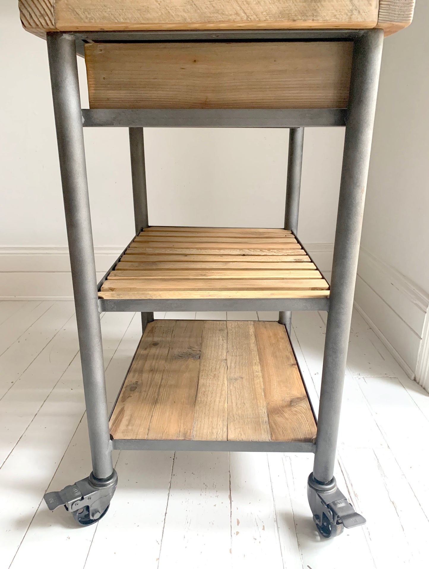 Industrial Reclaimed Wood Rolling Butcher's Block / Kitchen Island Cart