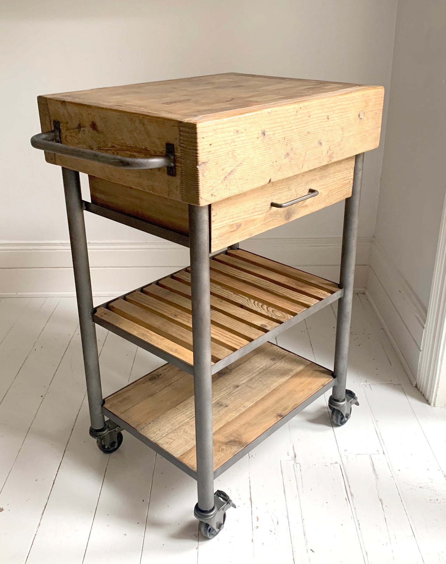Industrial Reclaimed Wood Rolling Butcher's Block / Kitchen Island Cart