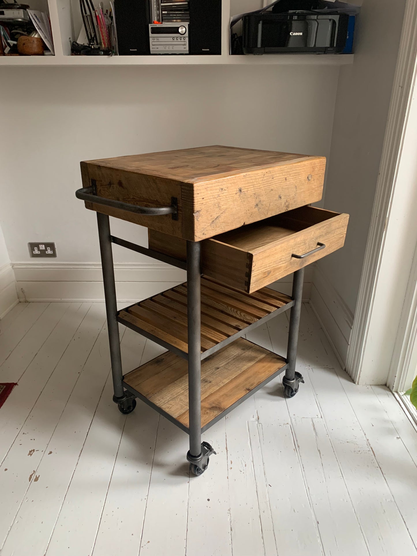 Industrial Reclaimed Wood Rolling Butcher's Block / Kitchen Island Cart