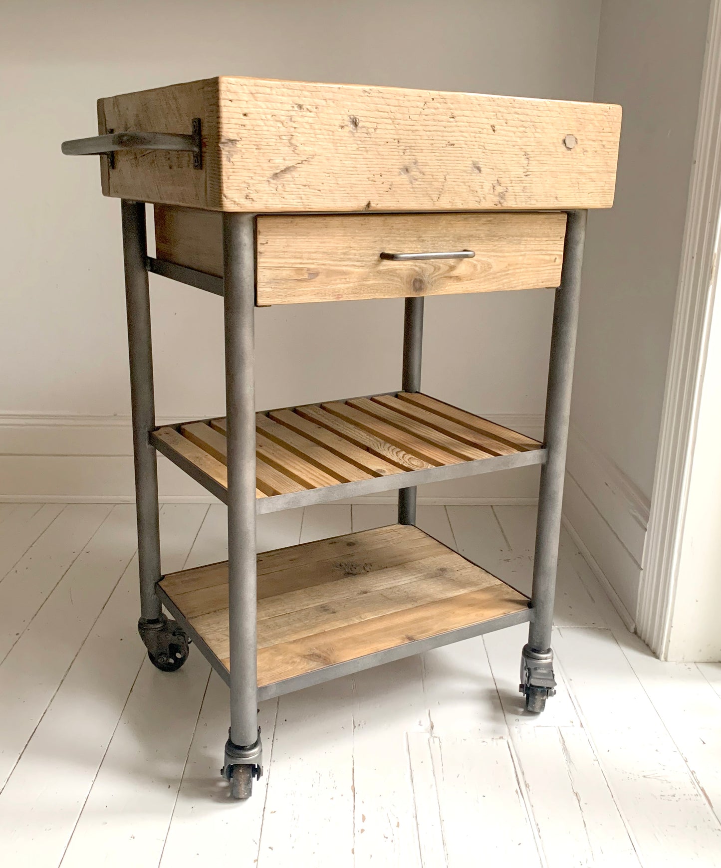 Industrial Reclaimed Wood Rolling Butcher's Block / Kitchen Island Cart