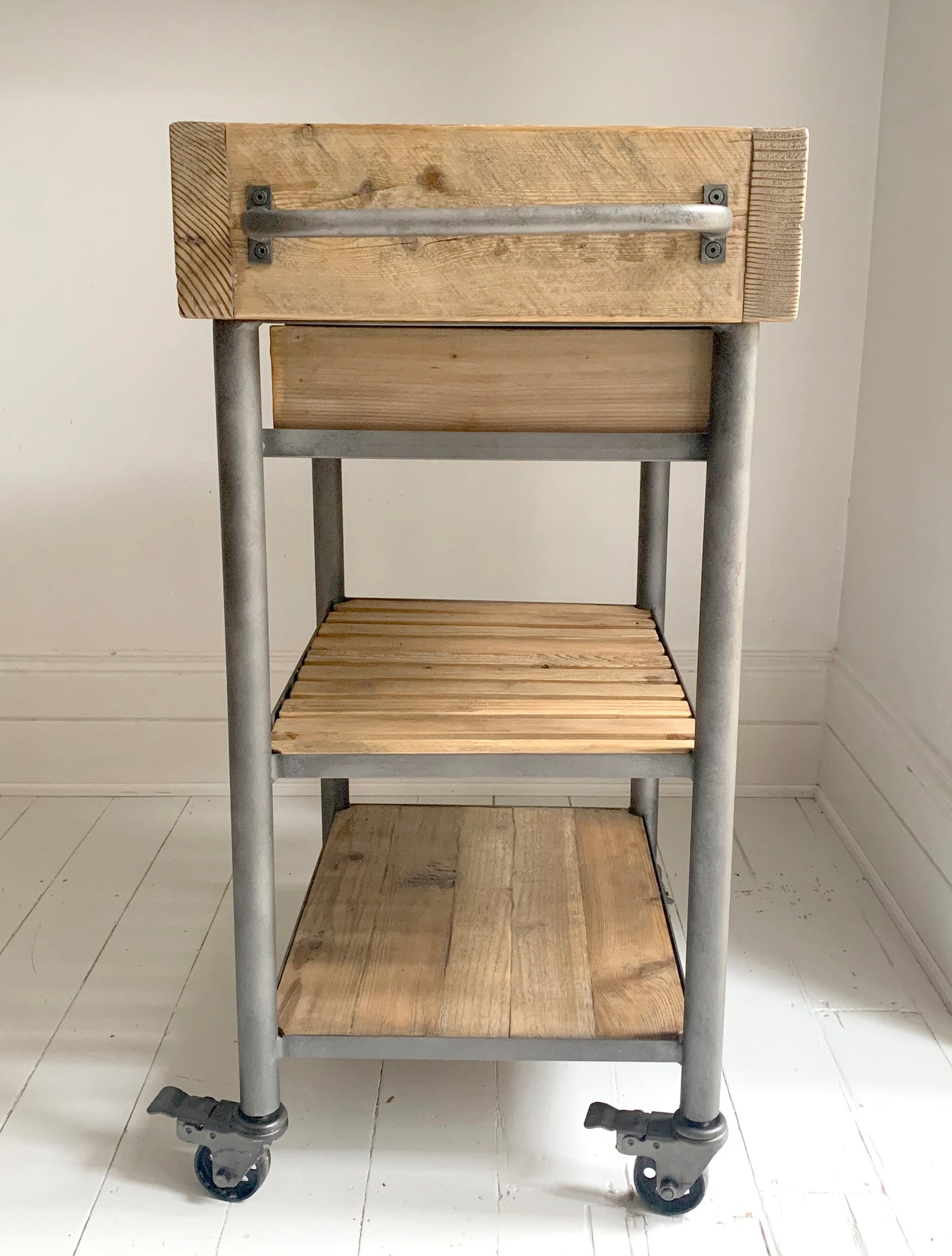 Industrial Reclaimed Wood Rolling Butcher's Block / Kitchen Island Cart