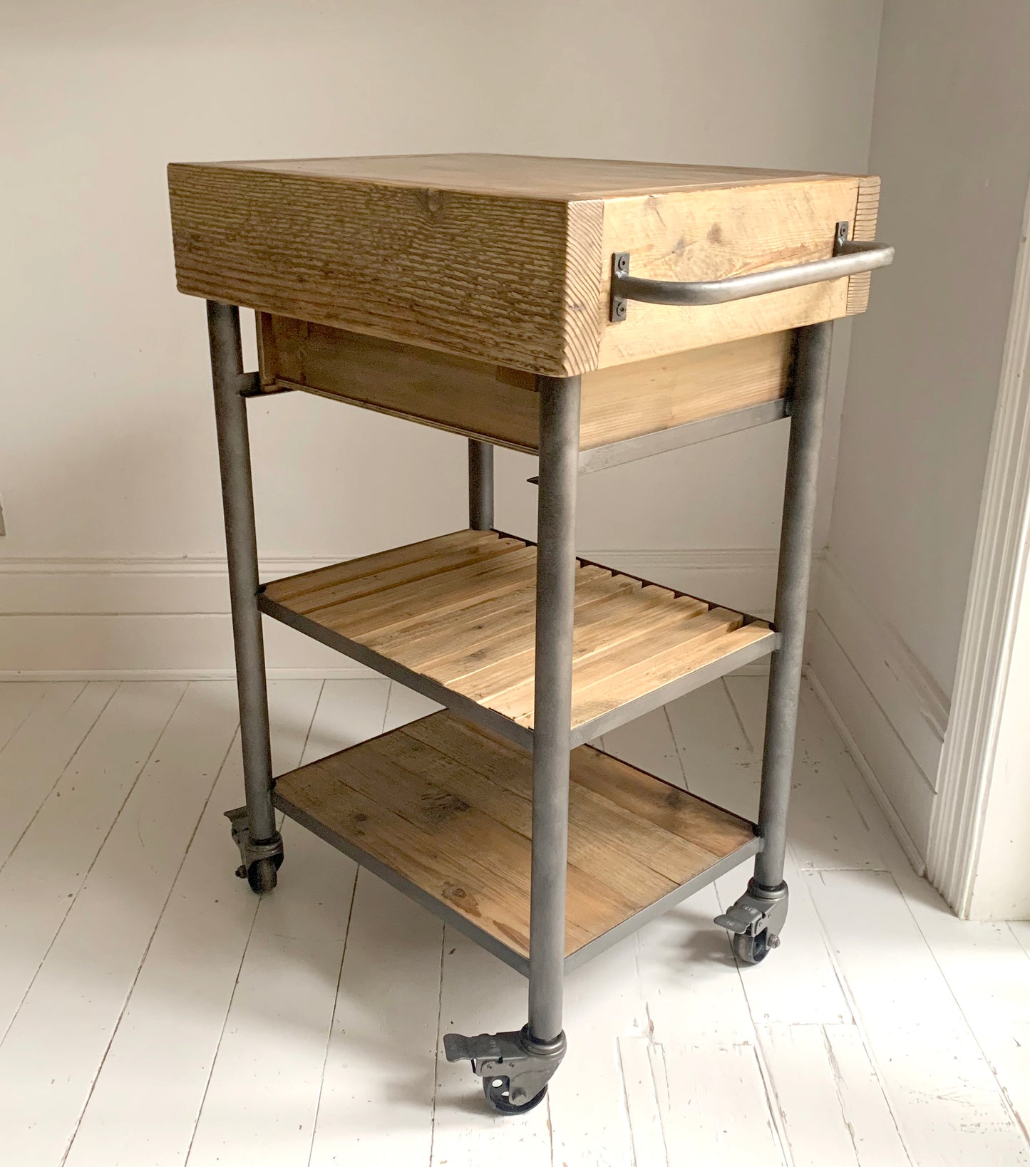 Industrial Reclaimed Wood Rolling Butcher's Block / Kitchen Island Cart
