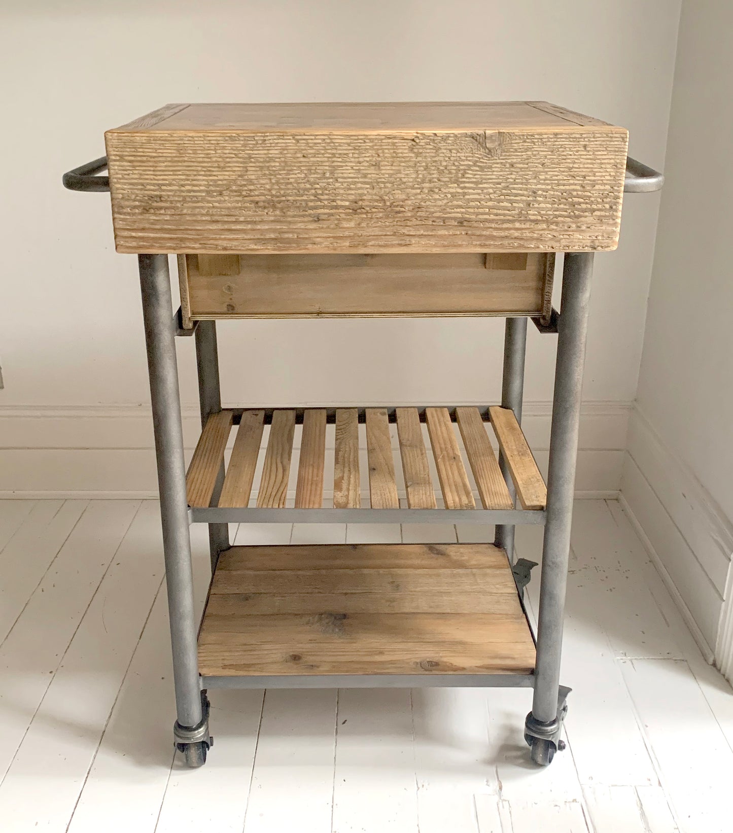 Industrial Reclaimed Wood Rolling Butcher's Block / Kitchen Island Cart