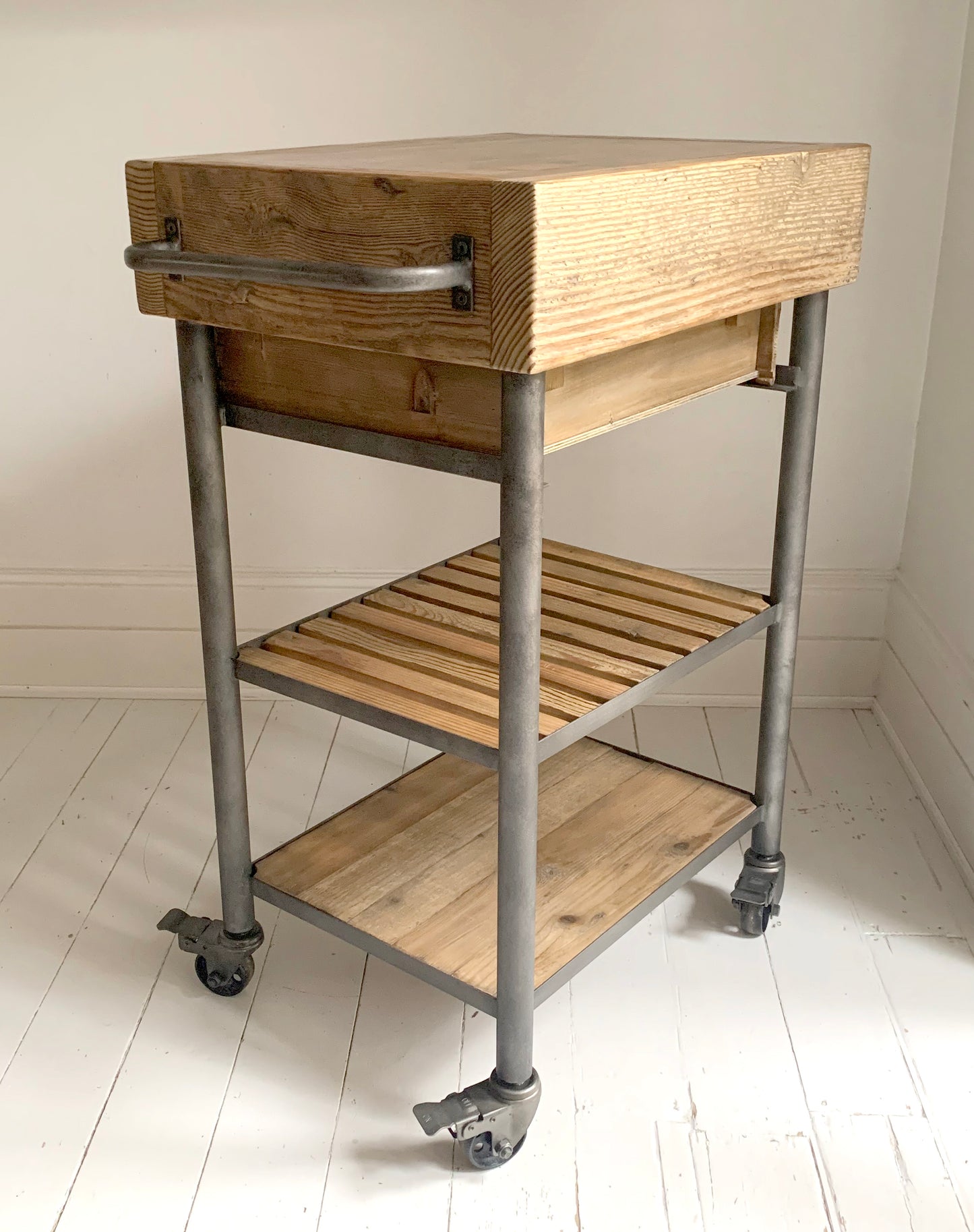 Industrial Reclaimed Wood Rolling Butcher's Block / Kitchen Island Cart