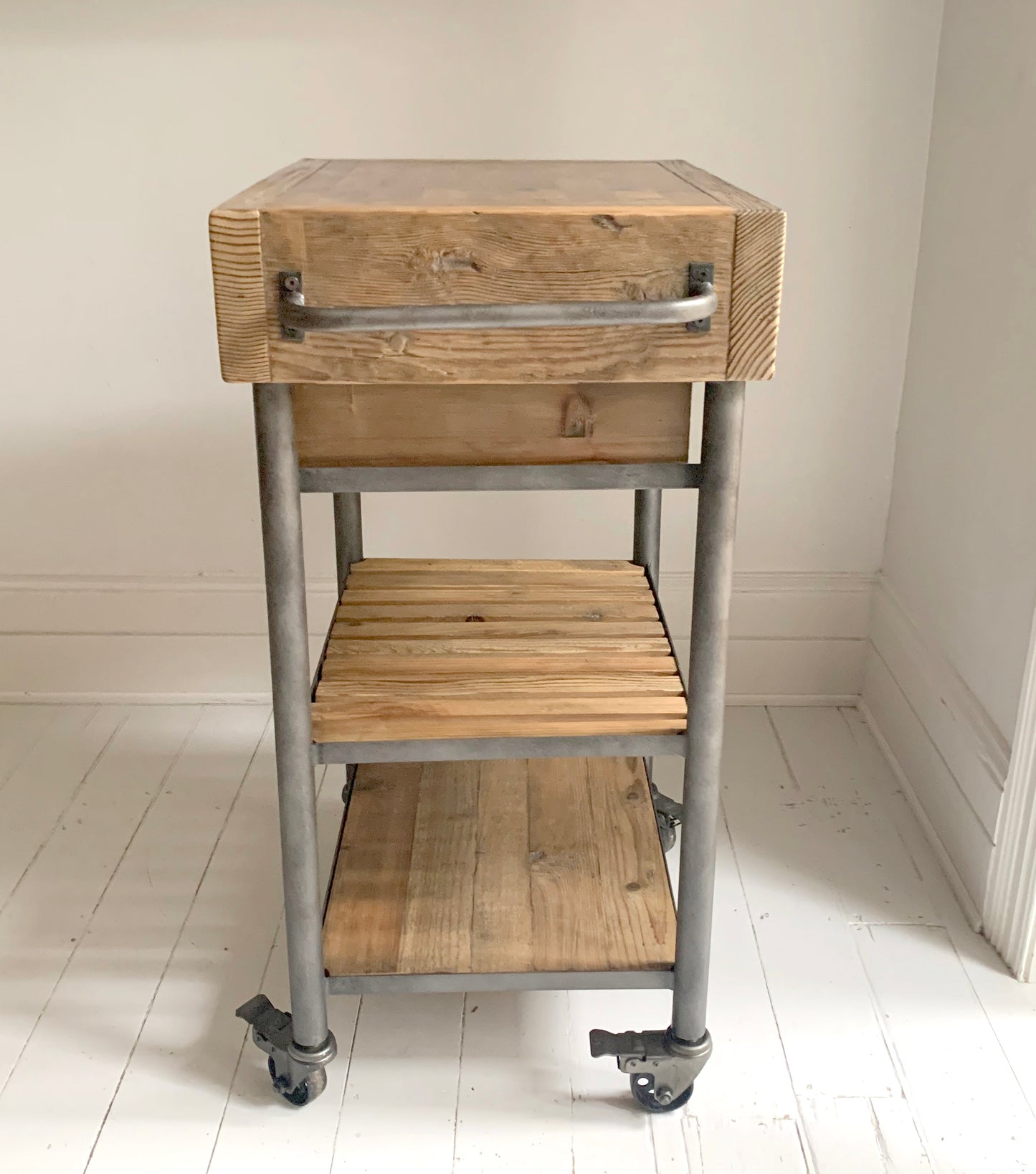Industrial Reclaimed Wood Rolling Butcher's Block / Kitchen Island Cart