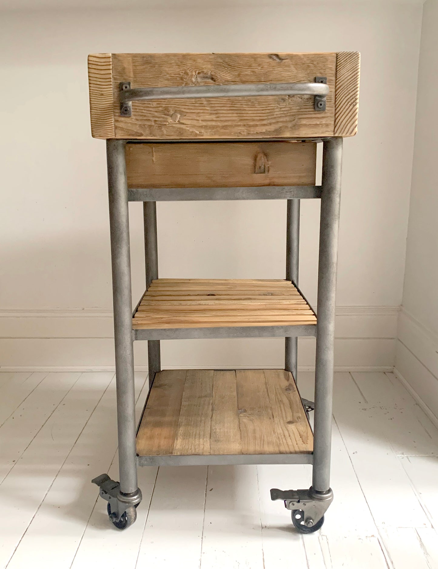 Industrial Reclaimed Wood Rolling Butcher's Block / Kitchen Island Cart
