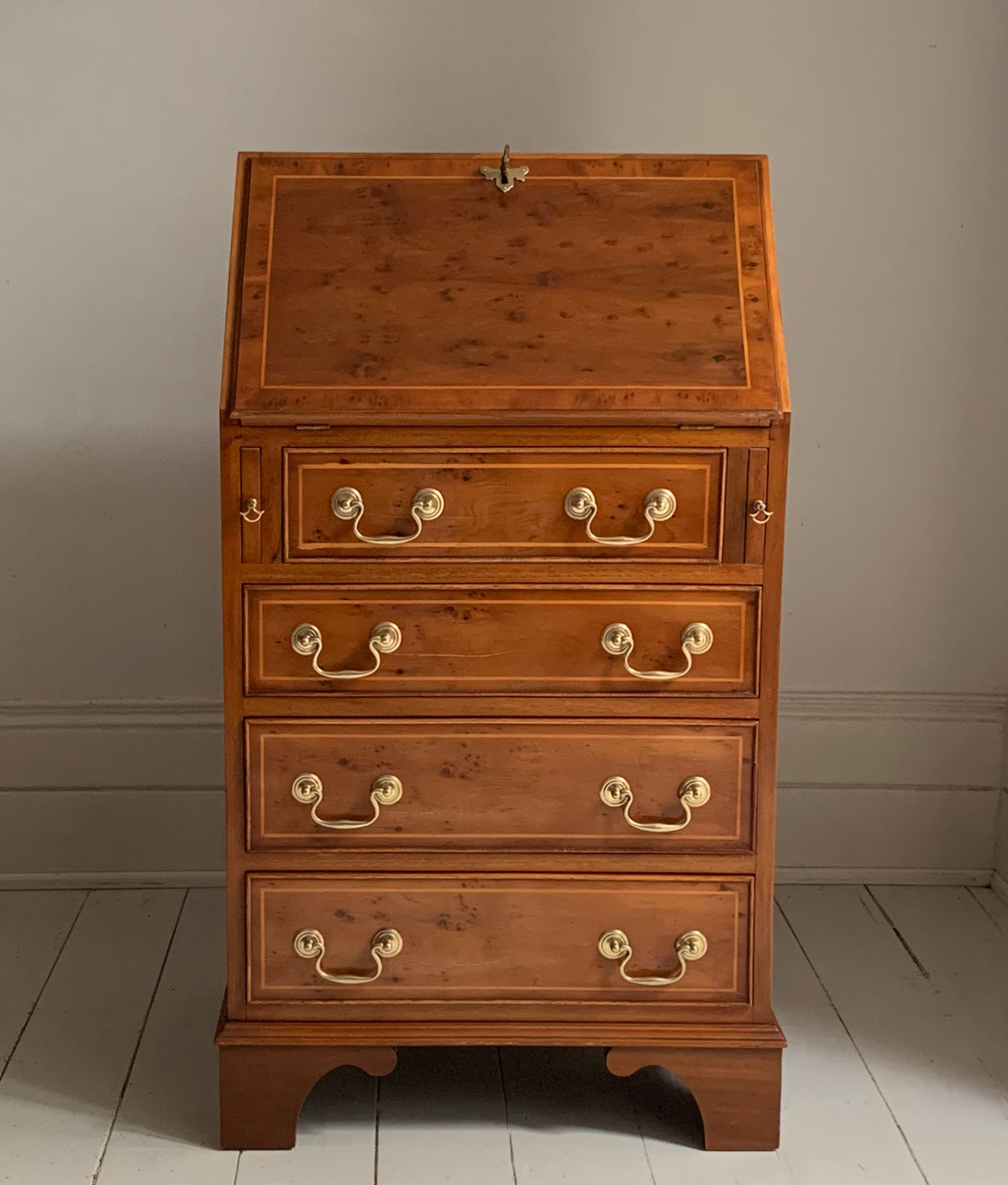Vintage Small Walnut Veneer Fall Front Lockable Desk / Bureau / Secretaire