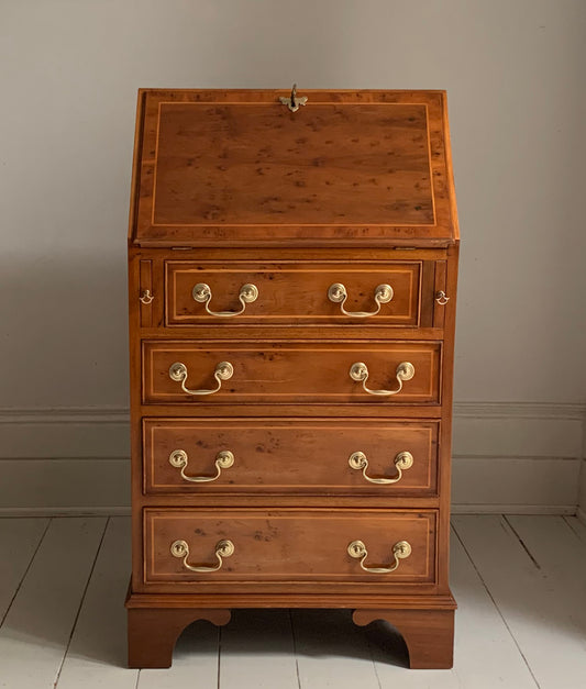 Vintage Small Walnut Veneer Fall Front Lockable Desk / Bureau / Secretaire