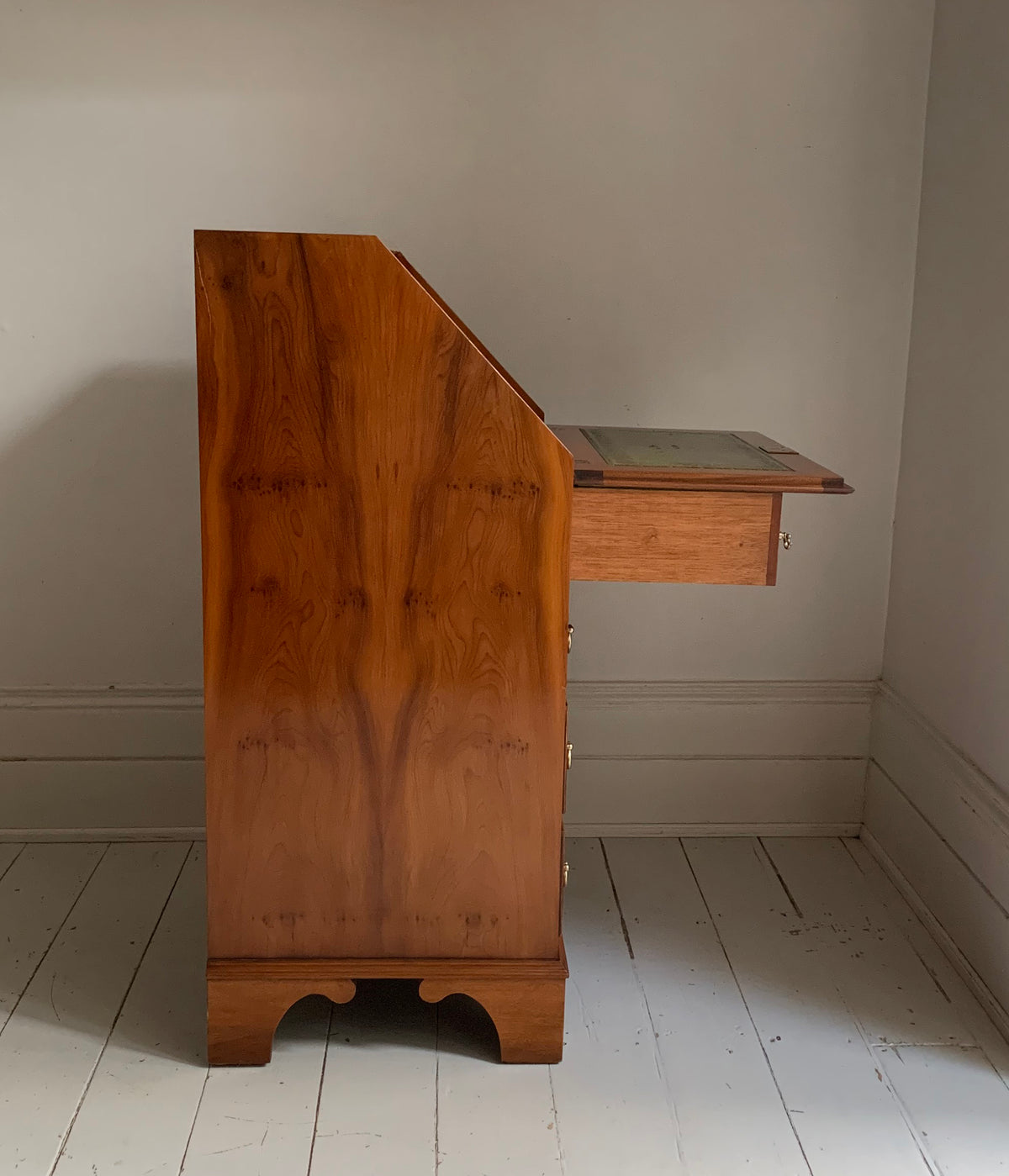 Vintage Small Walnut Veneer Fall Front Lockable Desk / Bureau / Secretaire
