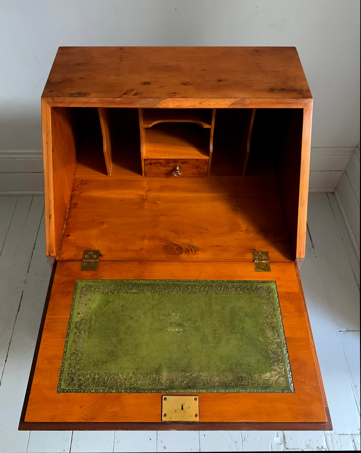 Vintage Small Walnut Veneer Fall Front Lockable Desk / Bureau / Secretaire