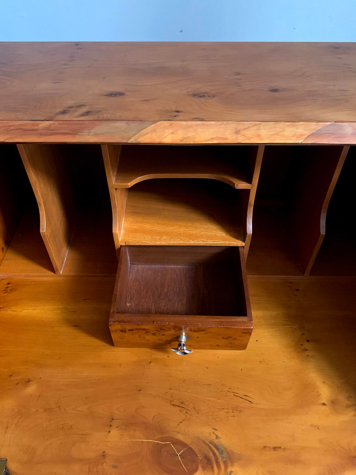 Vintage Small Walnut Veneer Fall Front Lockable Desk / Bureau / Secretaire