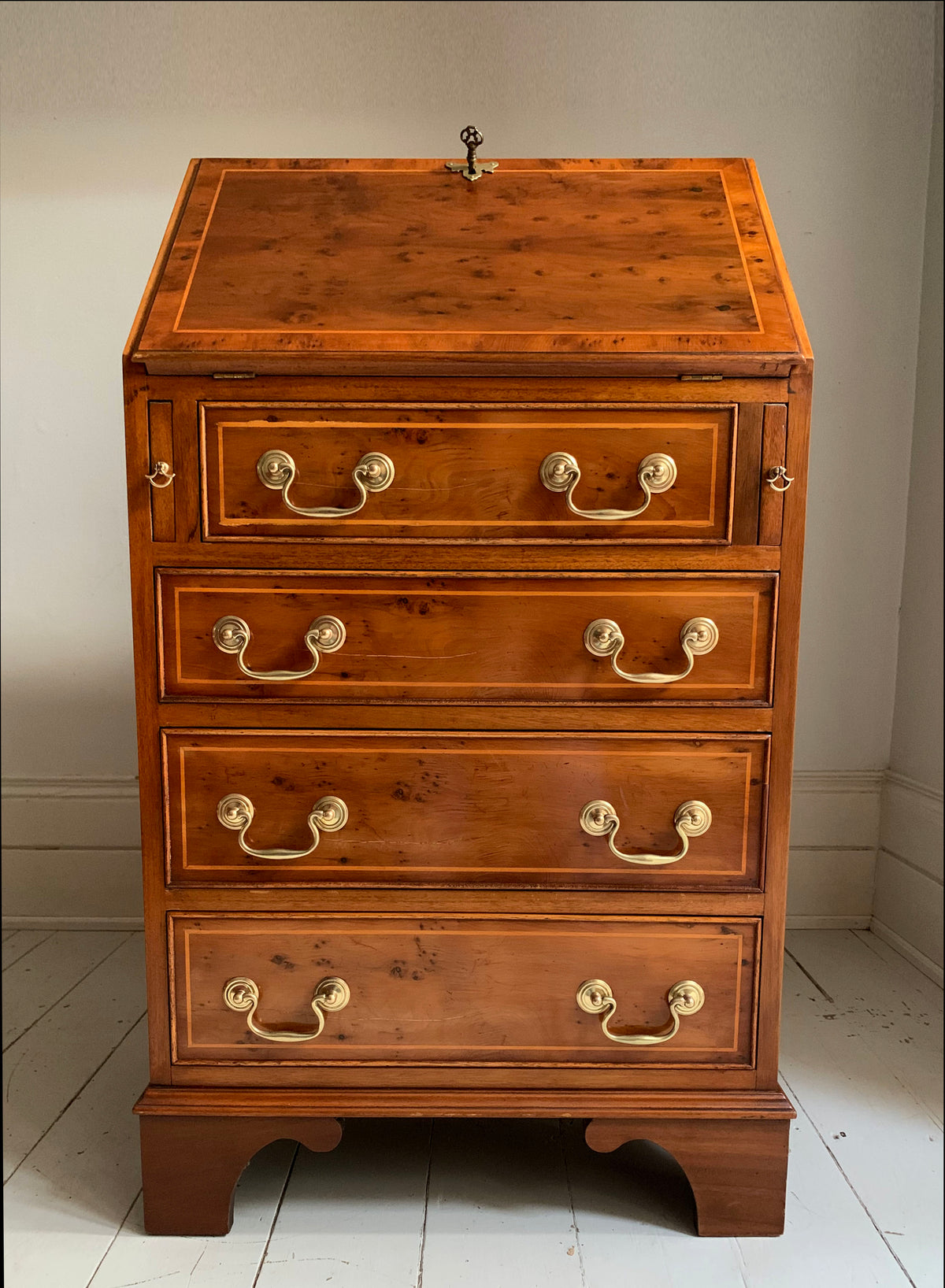 Vintage Small Walnut Veneer Fall Front Lockable Desk / Bureau / Secretaire