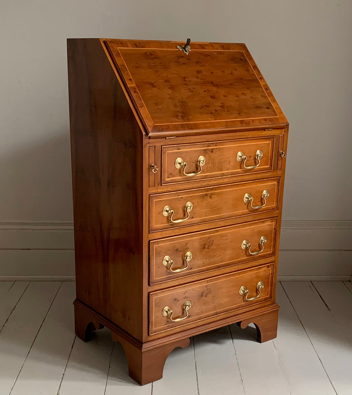 Vintage Small Walnut Veneer Fall Front Lockable Desk / Bureau / Secretaire