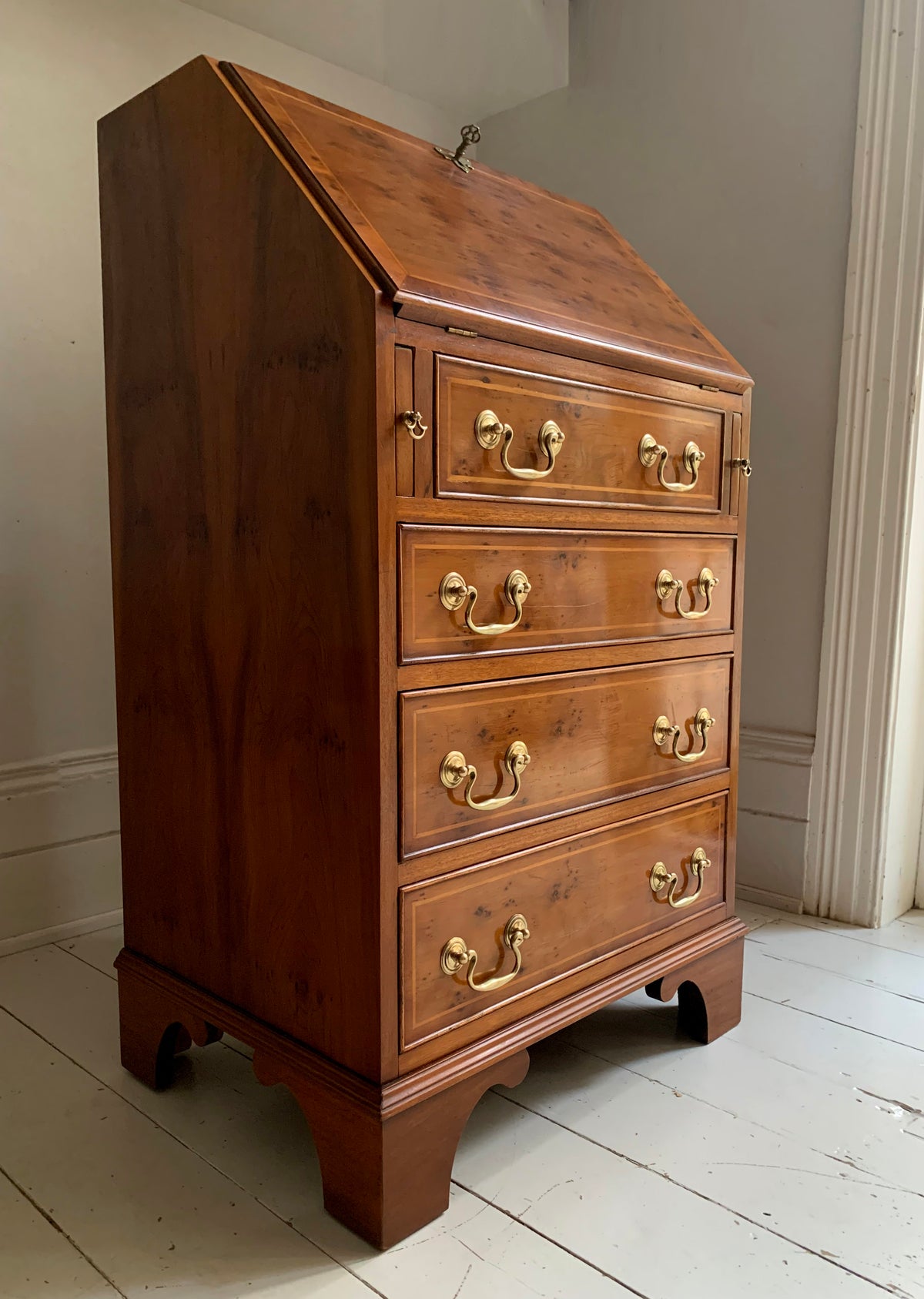 Vintage Small Walnut Veneer Fall Front Lockable Desk / Bureau / Secretaire