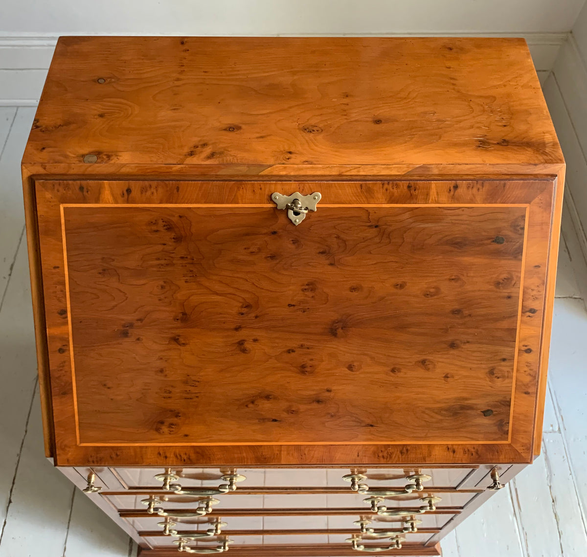 Vintage Small Walnut Veneer Fall Front Lockable Desk / Bureau / Secretaire