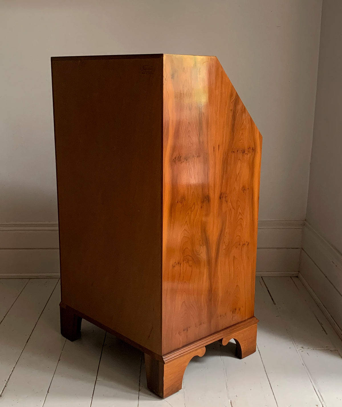 Vintage Small Walnut Veneer Fall Front Lockable Desk / Bureau / Secretaire