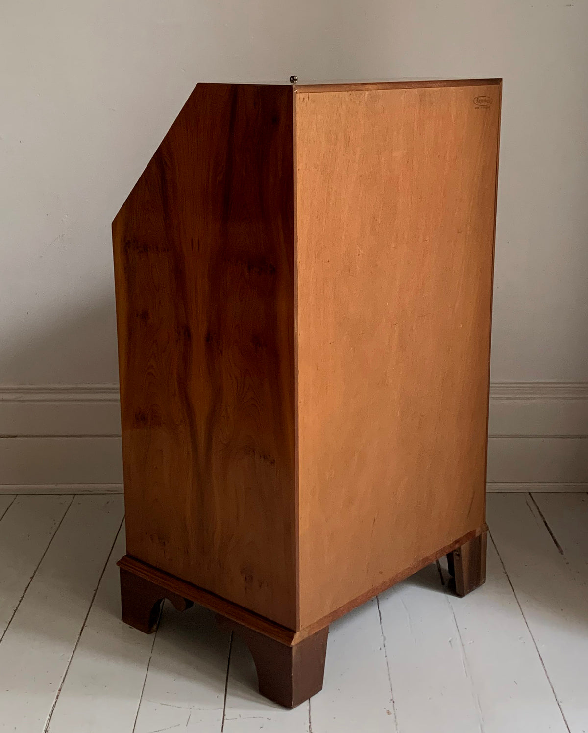 Vintage Small Walnut Veneer Fall Front Lockable Desk / Bureau / Secretaire