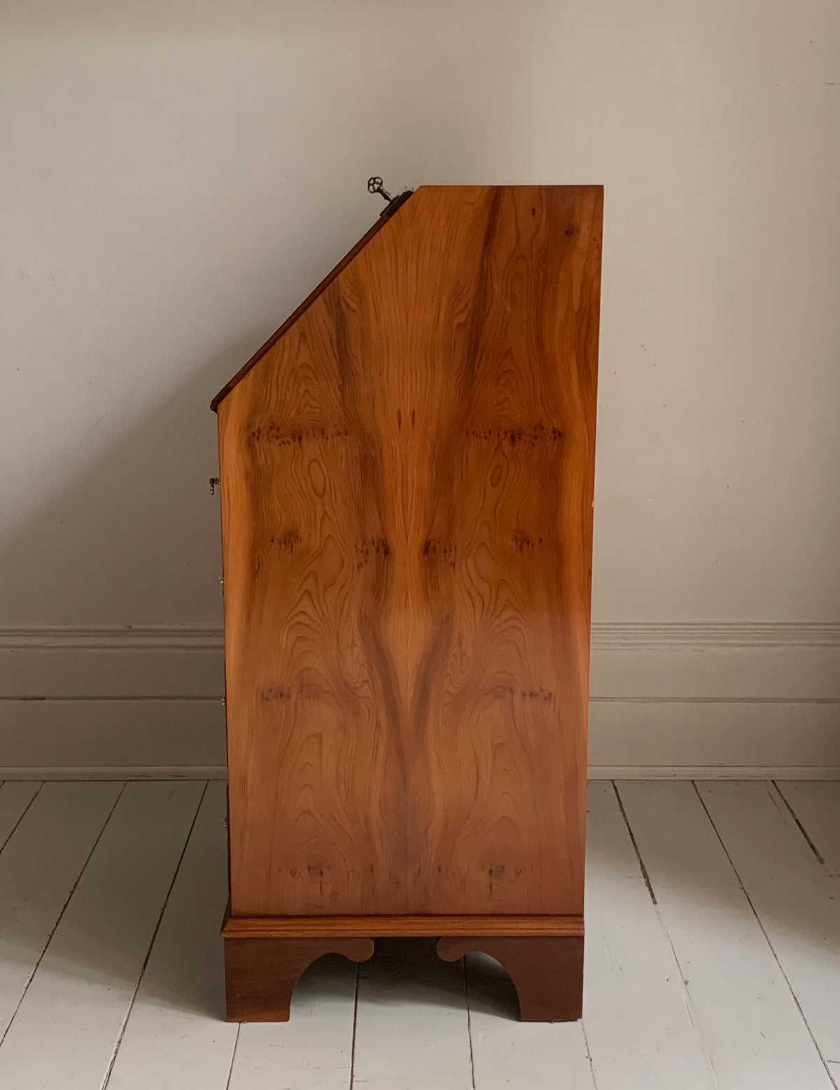 Vintage Small Walnut Veneer Fall Front Lockable Desk / Bureau / Secretaire