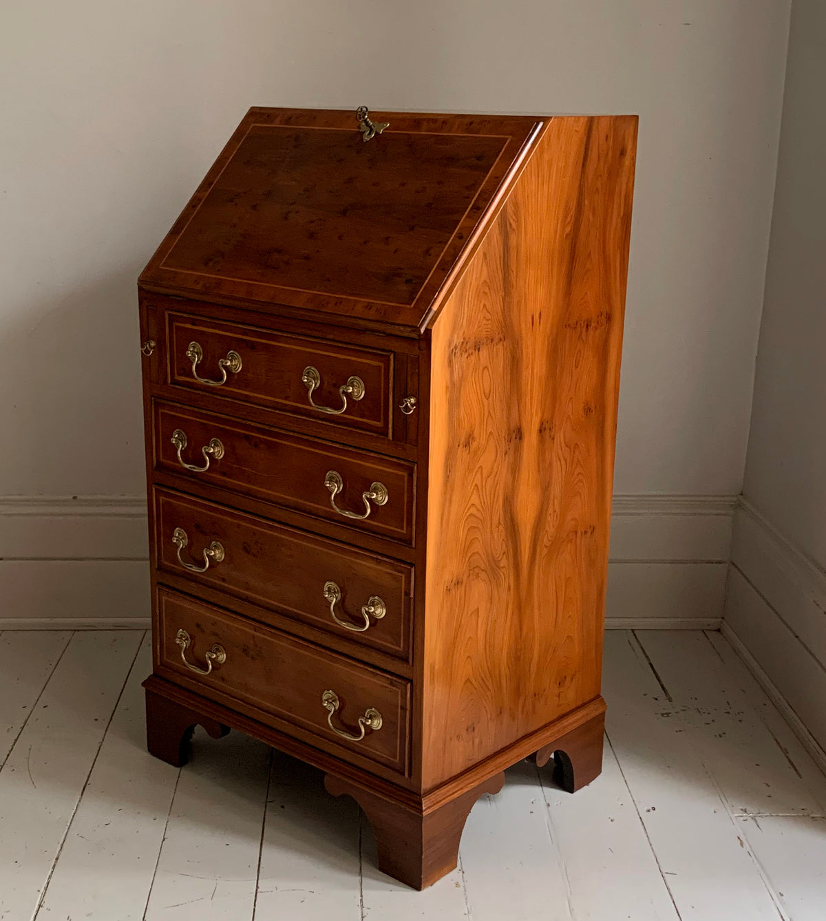 Vintage Small Walnut Veneer Fall Front Lockable Desk / Bureau / Secretaire