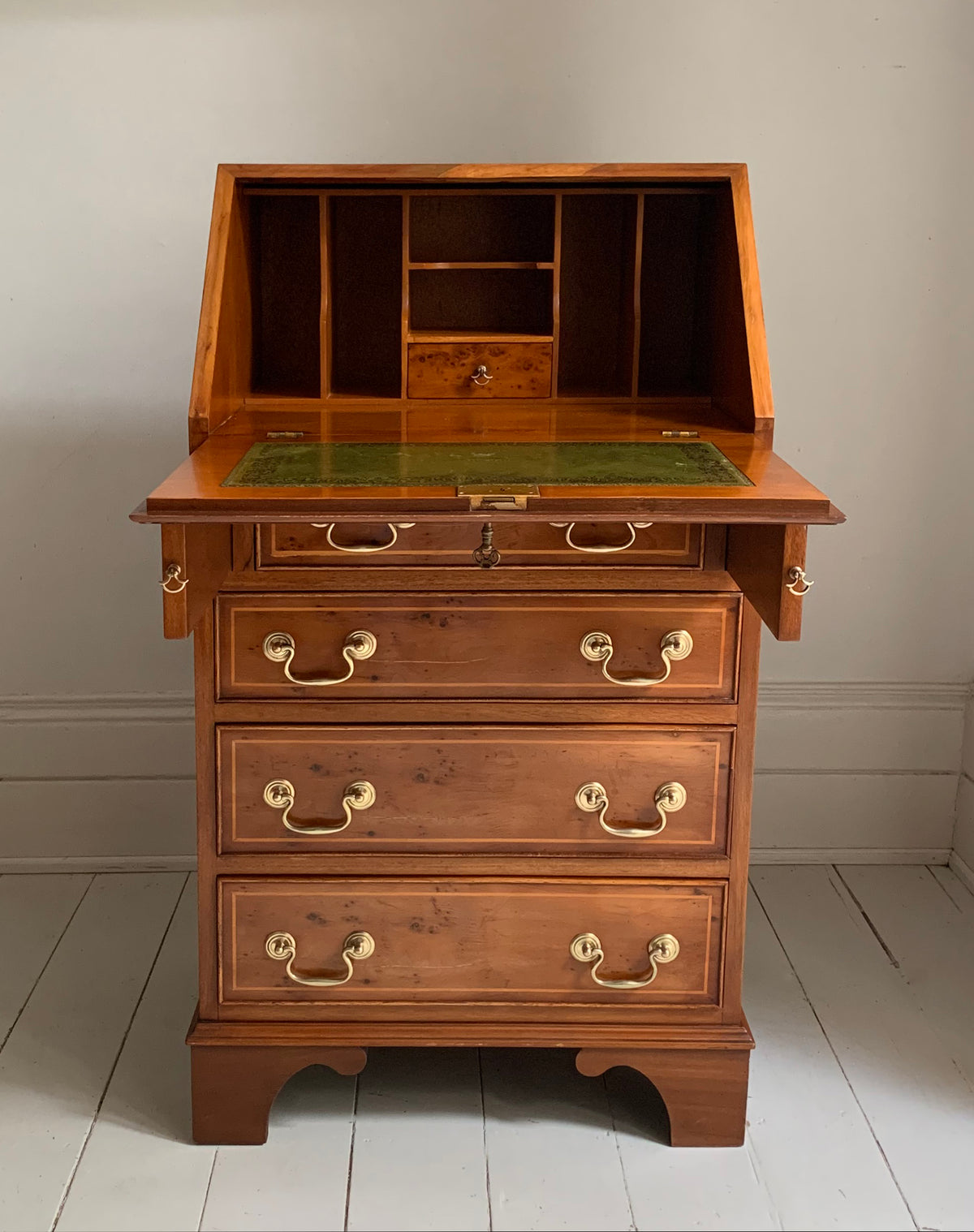 Vintage Small Walnut Veneer Fall Front Lockable Desk / Bureau / Secretaire