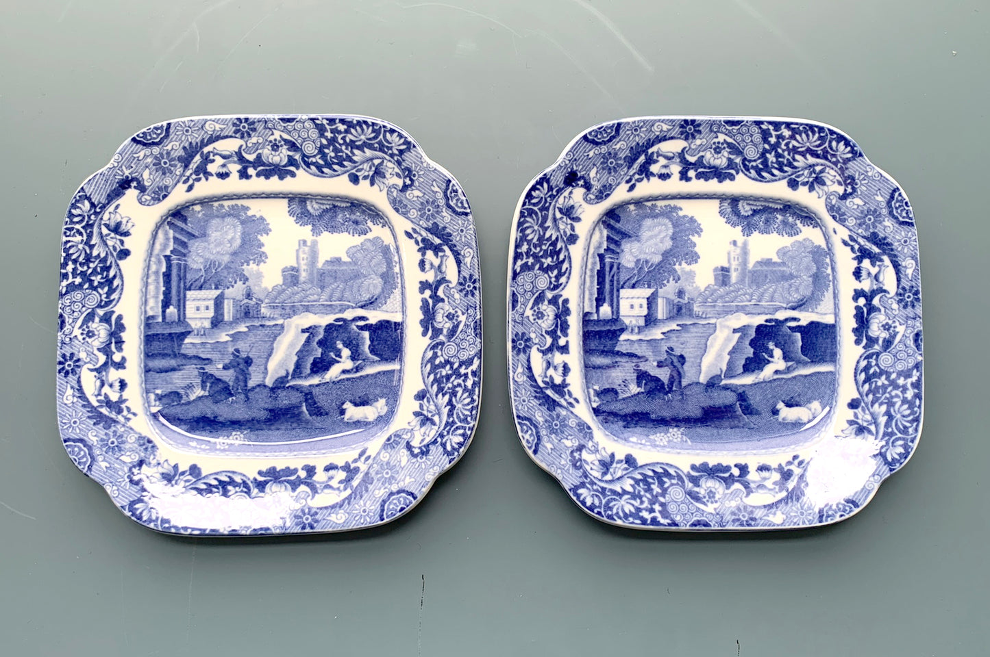 2 x Copeland Spode's Blue Italian Square Side Plates 16cm, dated July 32 - RARE