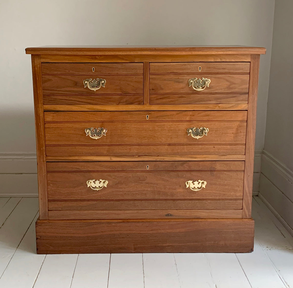 Stunning Antique Walnut Two Over Two Chest of Drawers On Plinth w/ Brass Handles