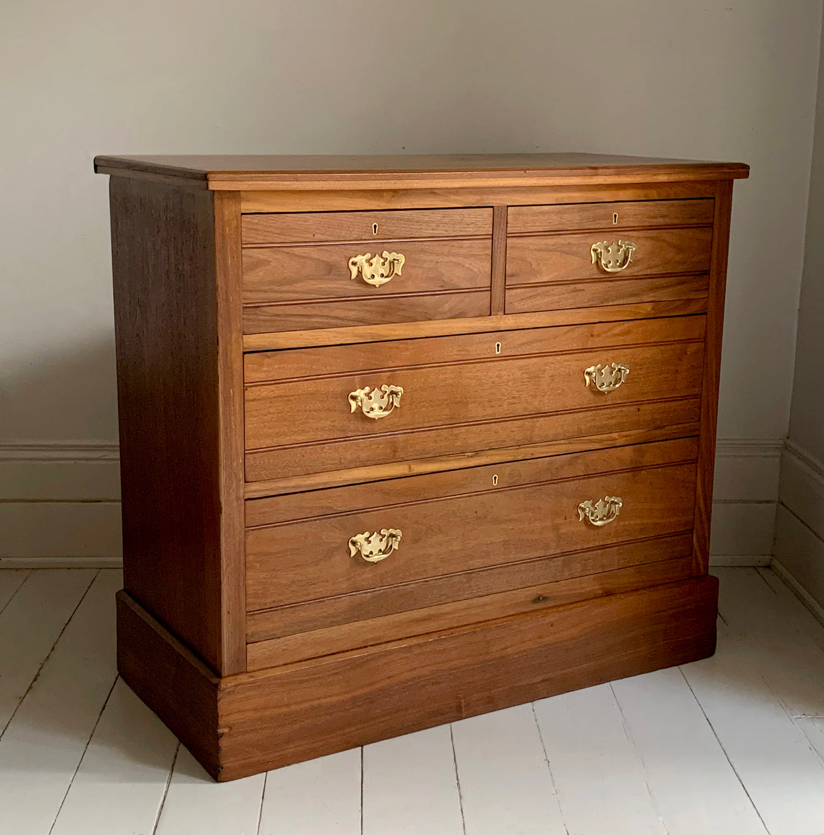 Stunning Antique Walnut Two Over Two Chest of Drawers On Plinth w/ Brass Handles