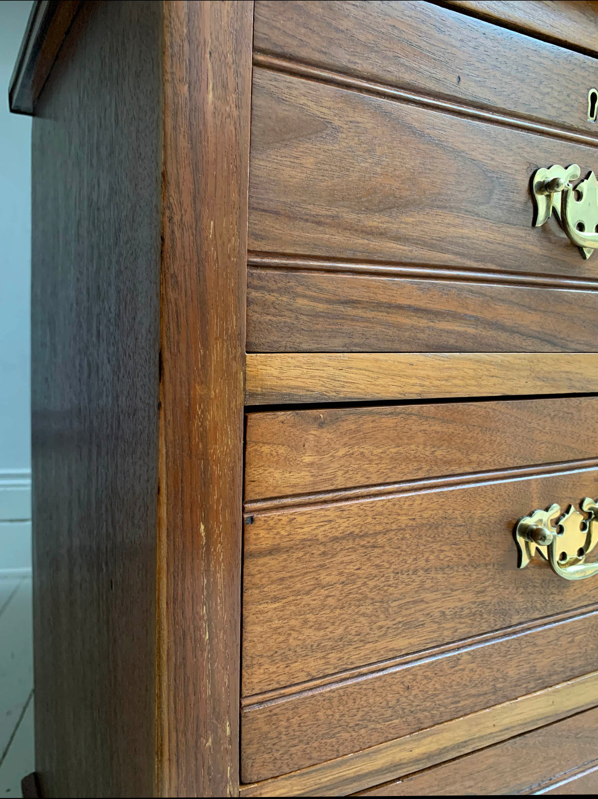 Stunning Antique Walnut Two Over Two Chest of Drawers On Plinth w/ Brass Handles