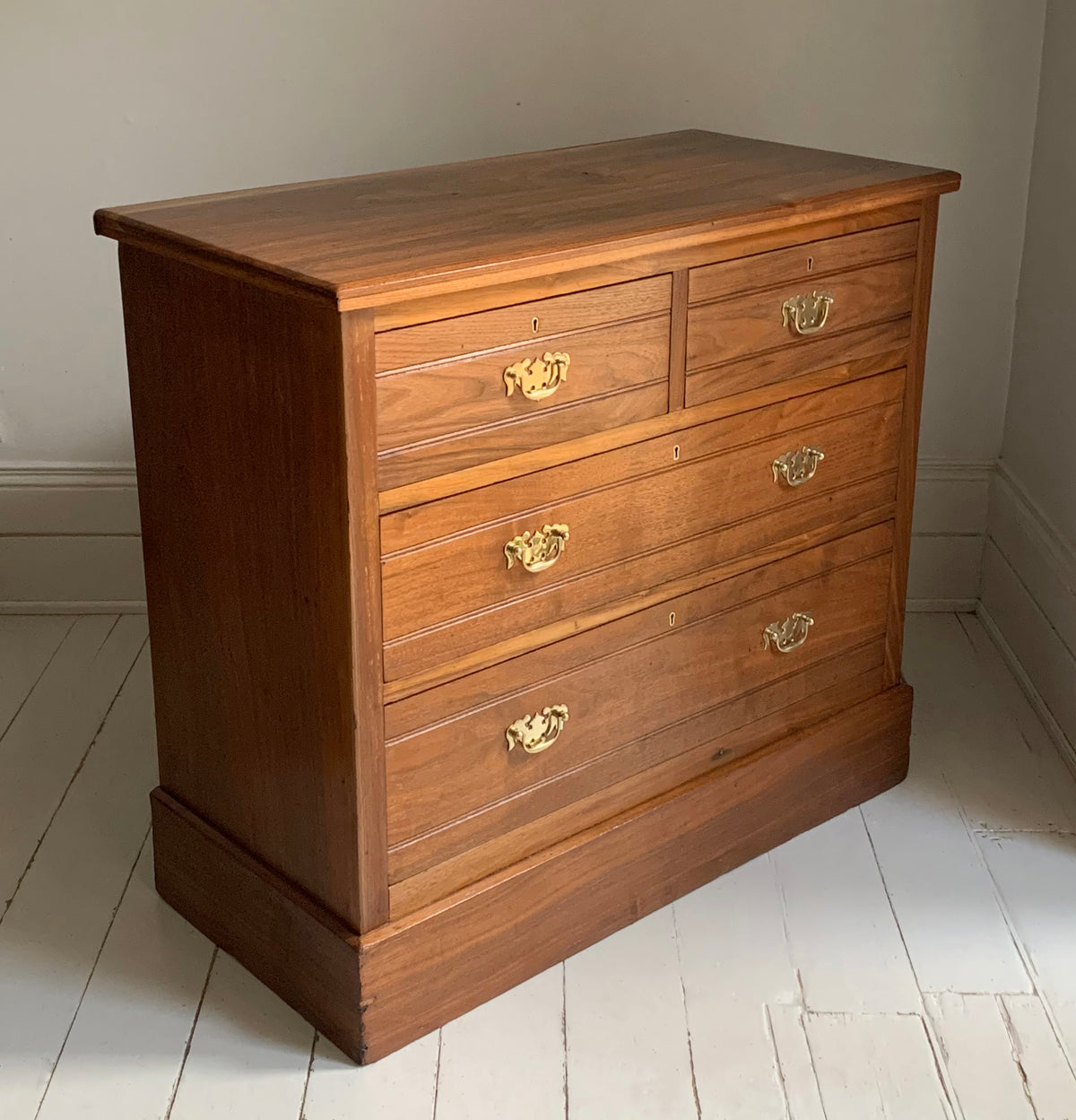 Stunning Antique Walnut Two Over Two Chest of Drawers On Plinth w/ Brass Handles