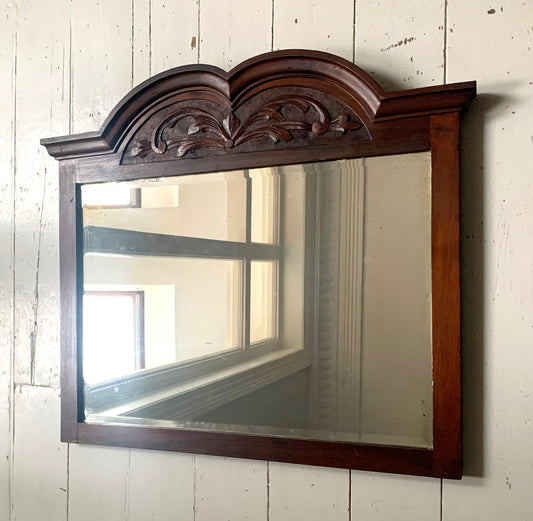 Antique Victorian Mirror w/ Bevelled Glass & Mahogany Frame, Carved Pediment