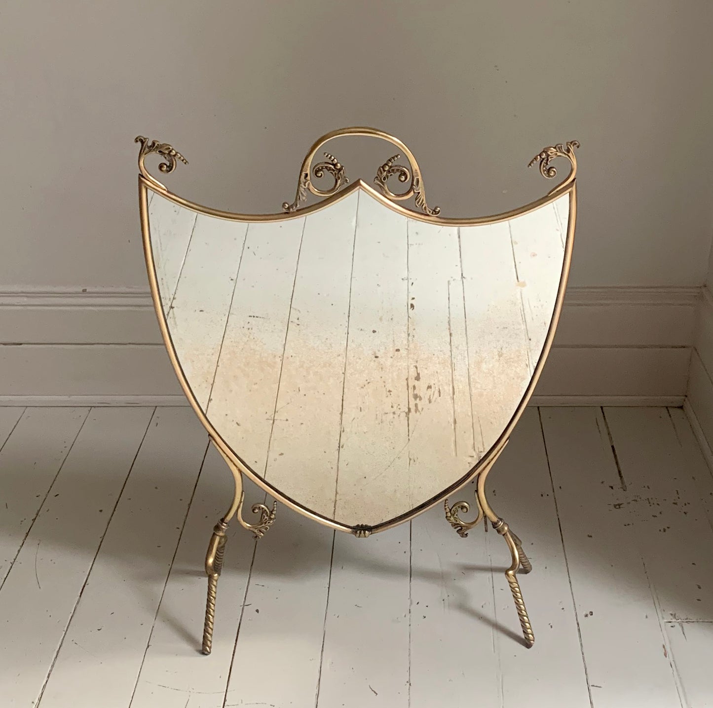 Antique Victorian / Edwardian Brass & Mirror Shield-Shaped Fire Screen / Guard