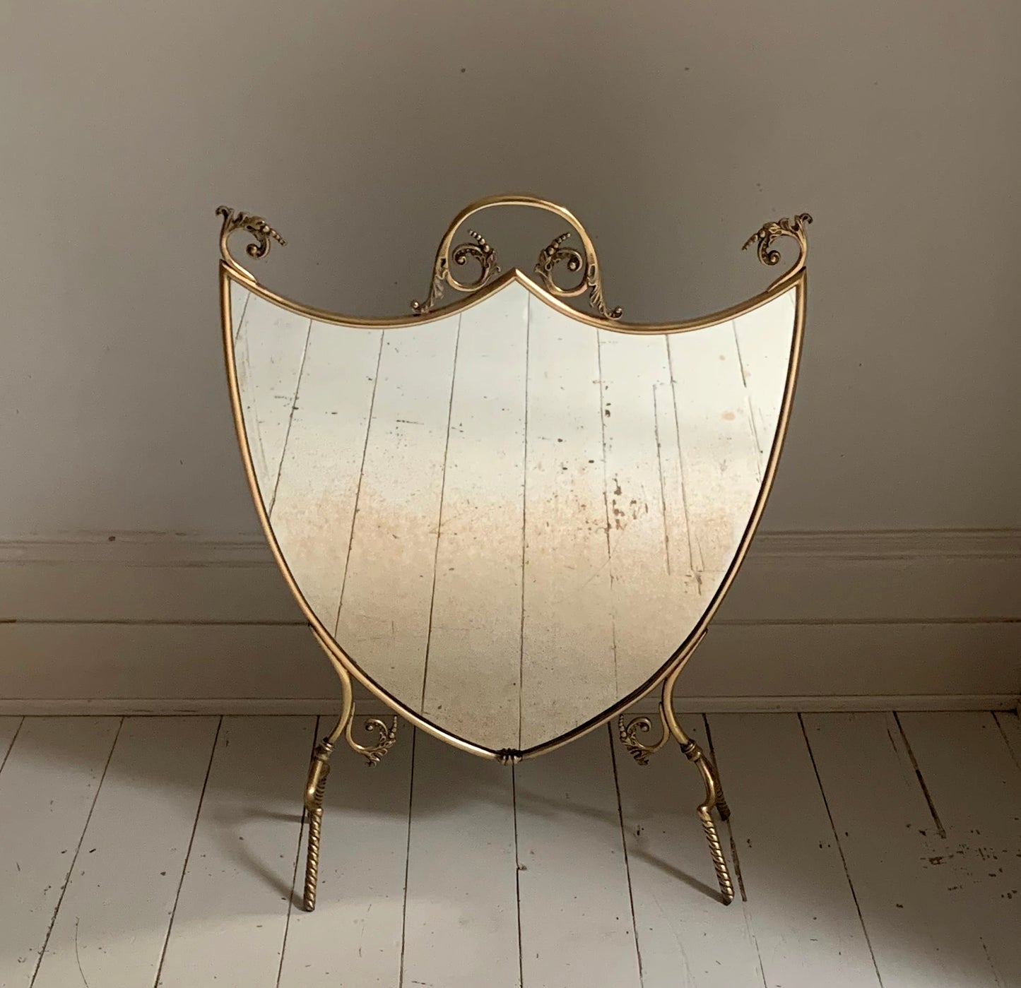 Antique Victorian / Edwardian Brass & Mirror Shield-Shaped Fire Screen / Guard