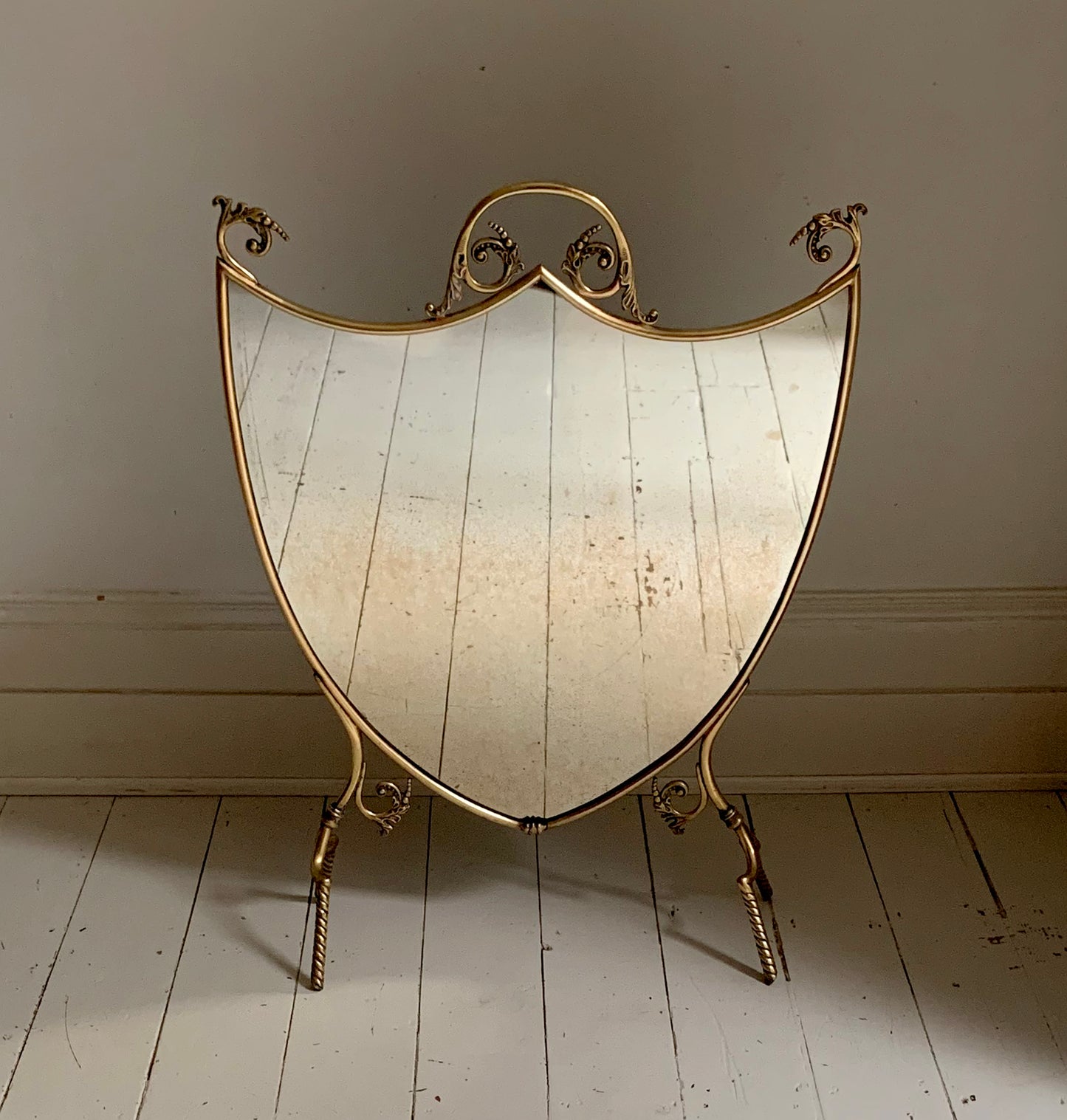 Antique Victorian / Edwardian Brass & Mirror Shield-Shaped Fire Screen / Guard
