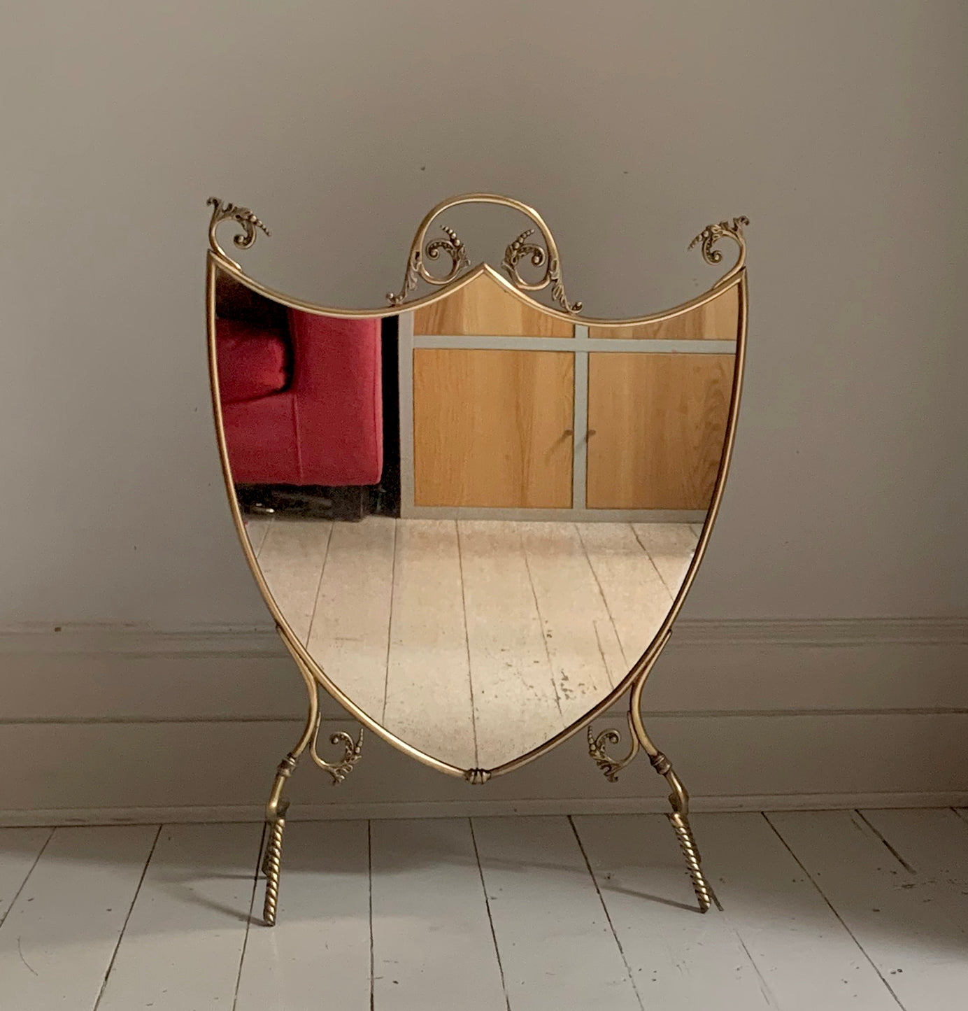 Antique Victorian / Edwardian Brass & Mirror Shield-Shaped Fire Screen / Guard