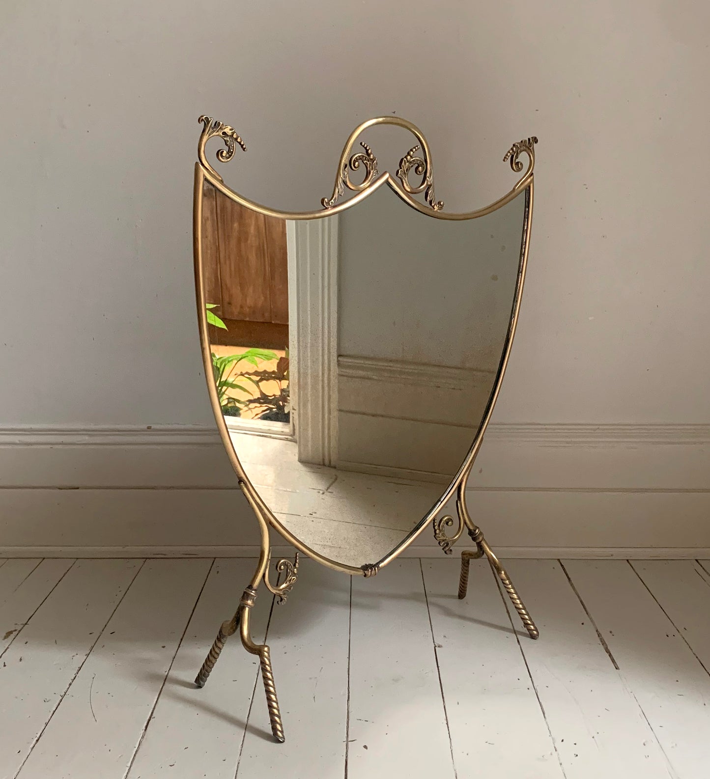 Antique Victorian / Edwardian Brass & Mirror Shield-Shaped Fire Screen / Guard