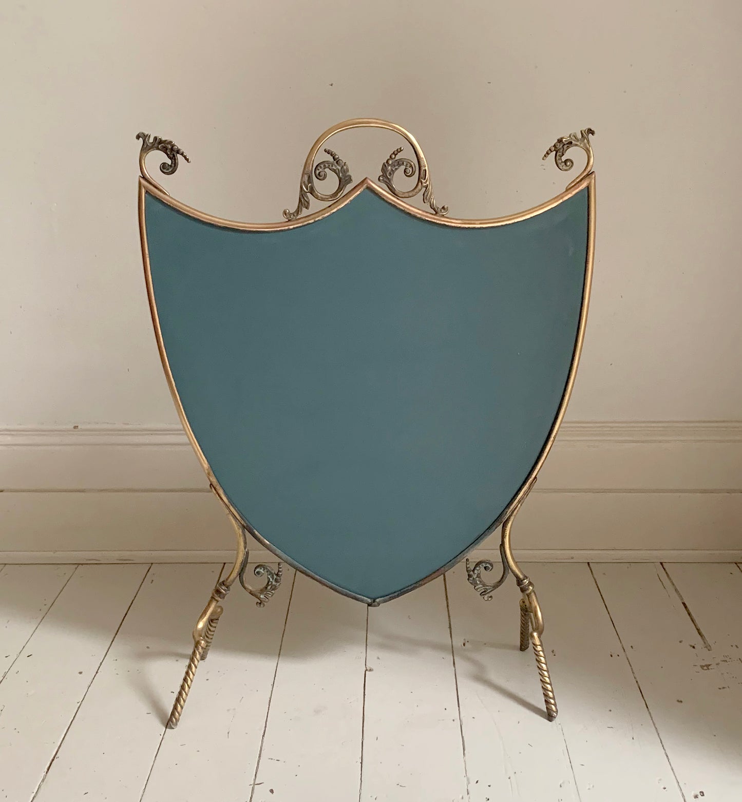 Antique Victorian / Edwardian Brass & Mirror Shield-Shaped Fire Screen / Guard