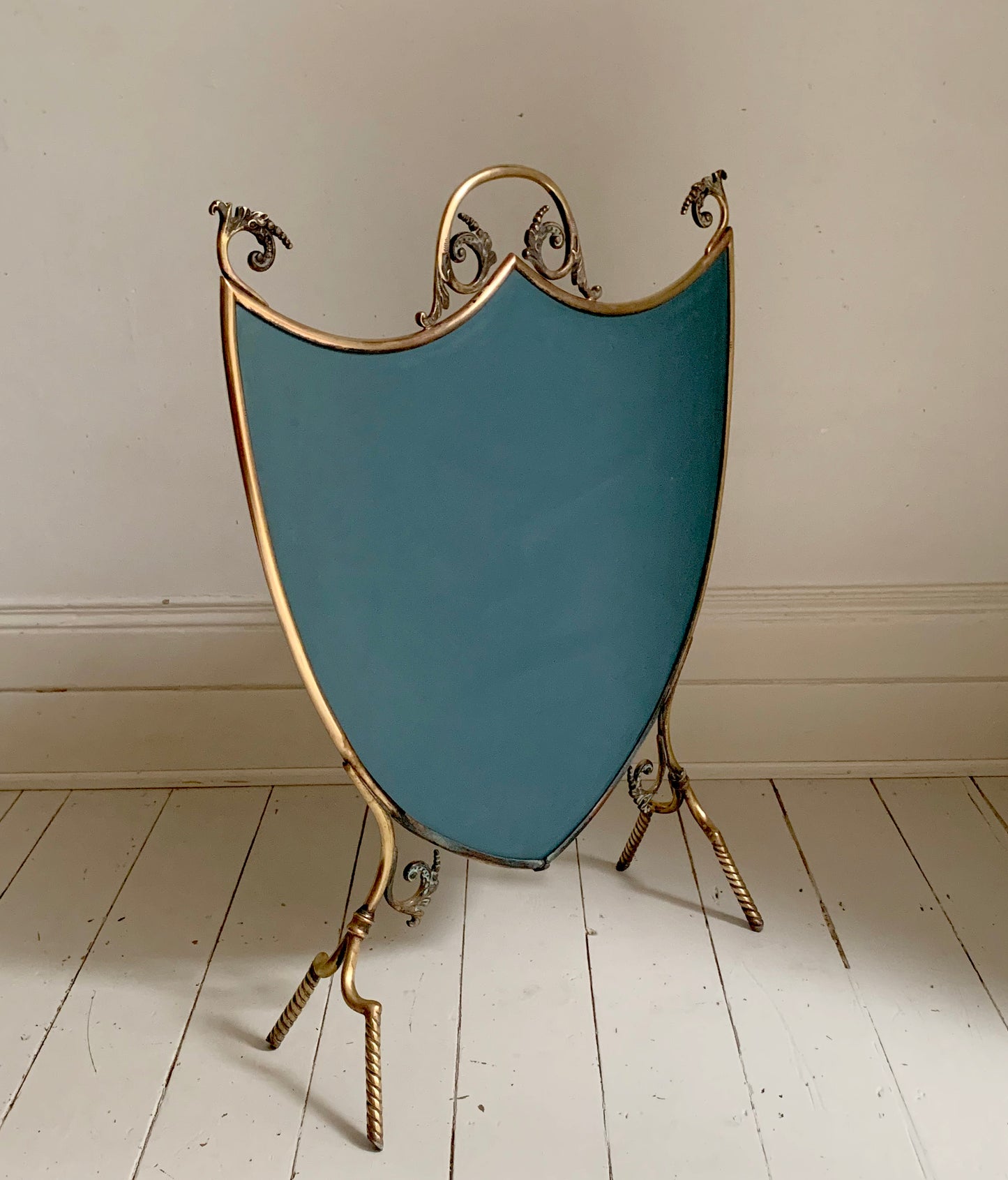 Antique Victorian / Edwardian Brass & Mirror Shield-Shaped Fire Screen / Guard
