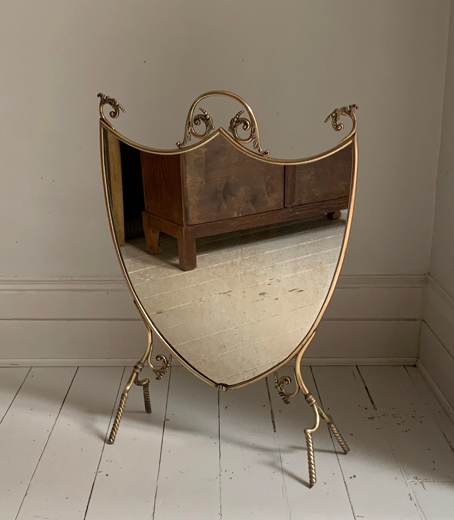 Antique Victorian / Edwardian Brass & Mirror Shield-Shaped Fire Screen / Guard