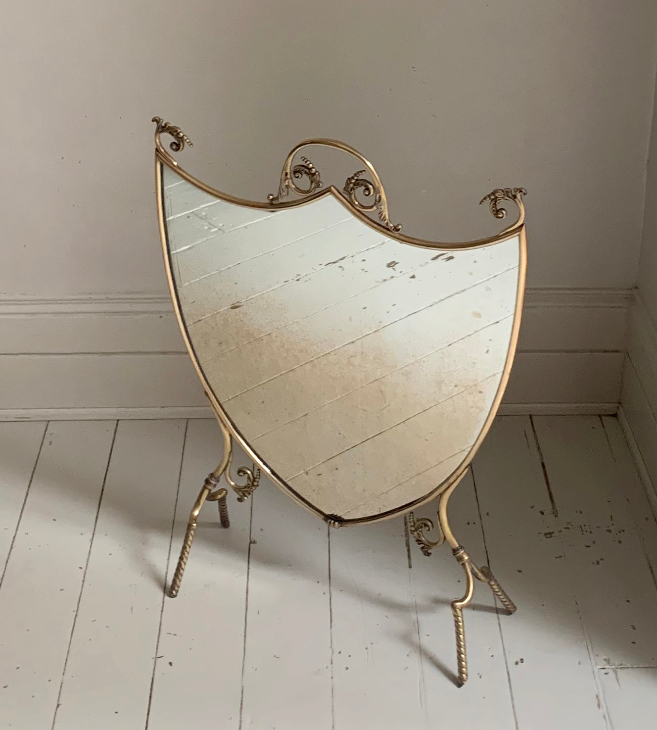 Antique Victorian / Edwardian Brass & Mirror Shield-Shaped Fire Screen / Guard
