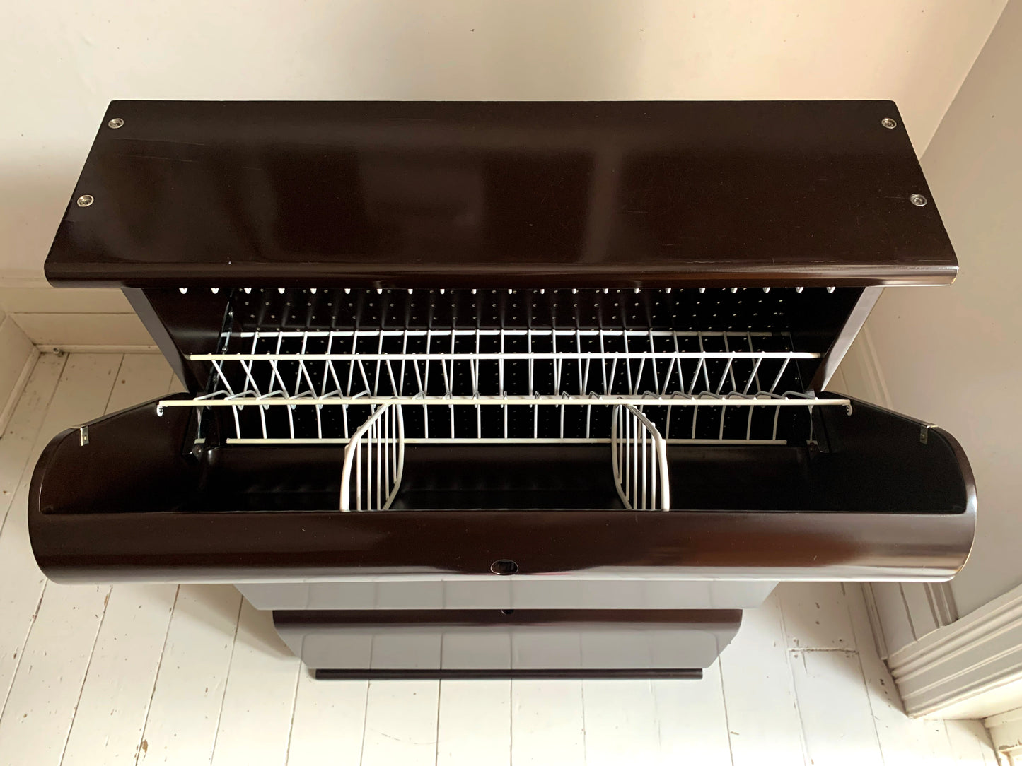 Vintage 1960s Italian Shoe Rack Cabinet, Dark Brown Lacquer Mid Century