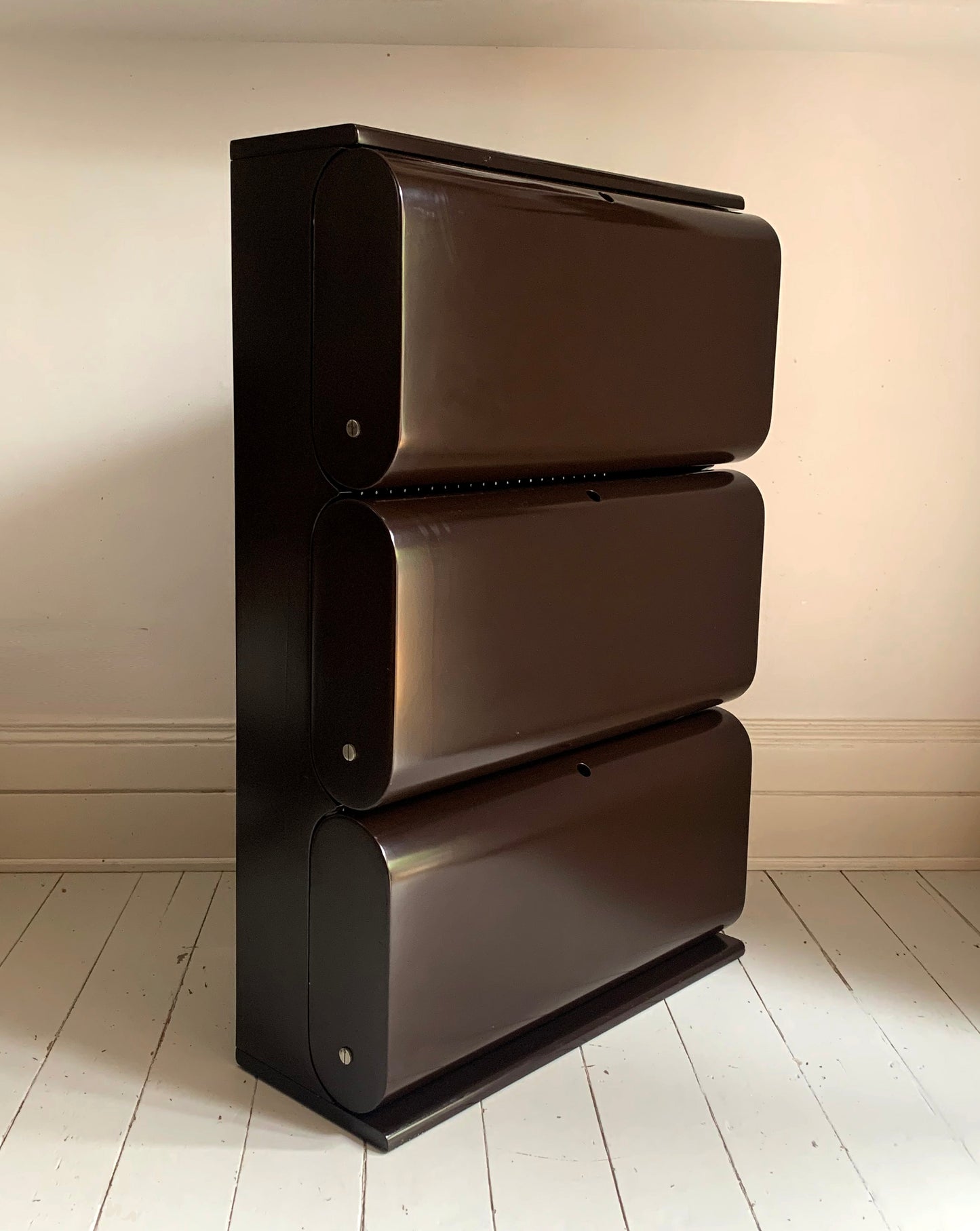 Vintage 1960s Italian Shoe Rack Cabinet, Dark Brown Lacquer Mid Century