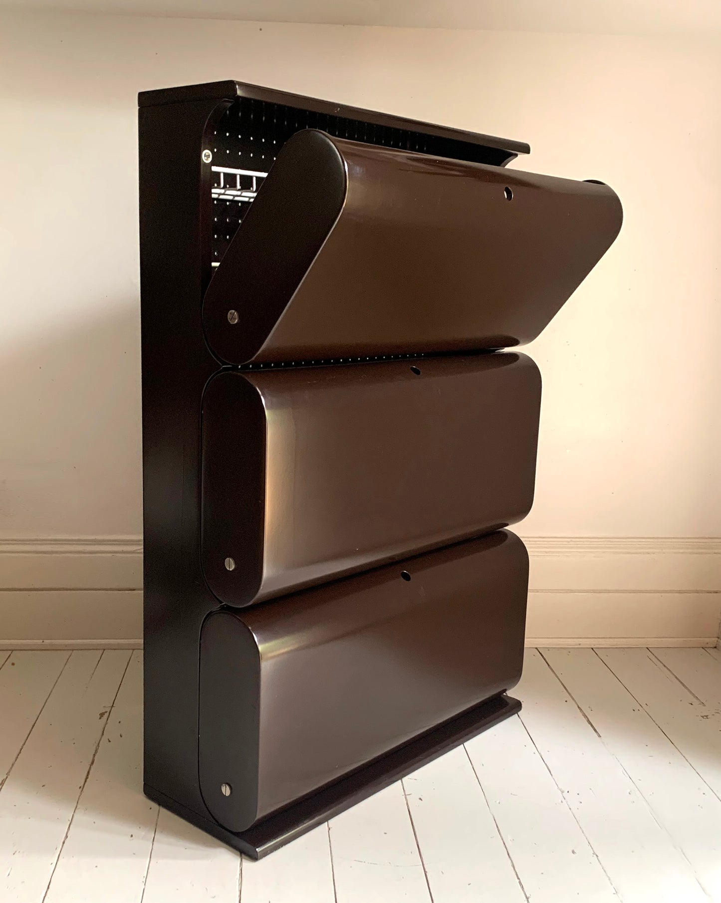 Vintage 1960s Italian Shoe Rack Cabinet, Dark Brown Lacquer Mid Century