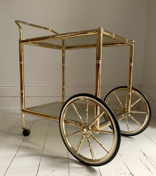 Vintage 1970s Faux Bamboo Brass & Glass Drinks Trolley / Bar Cart