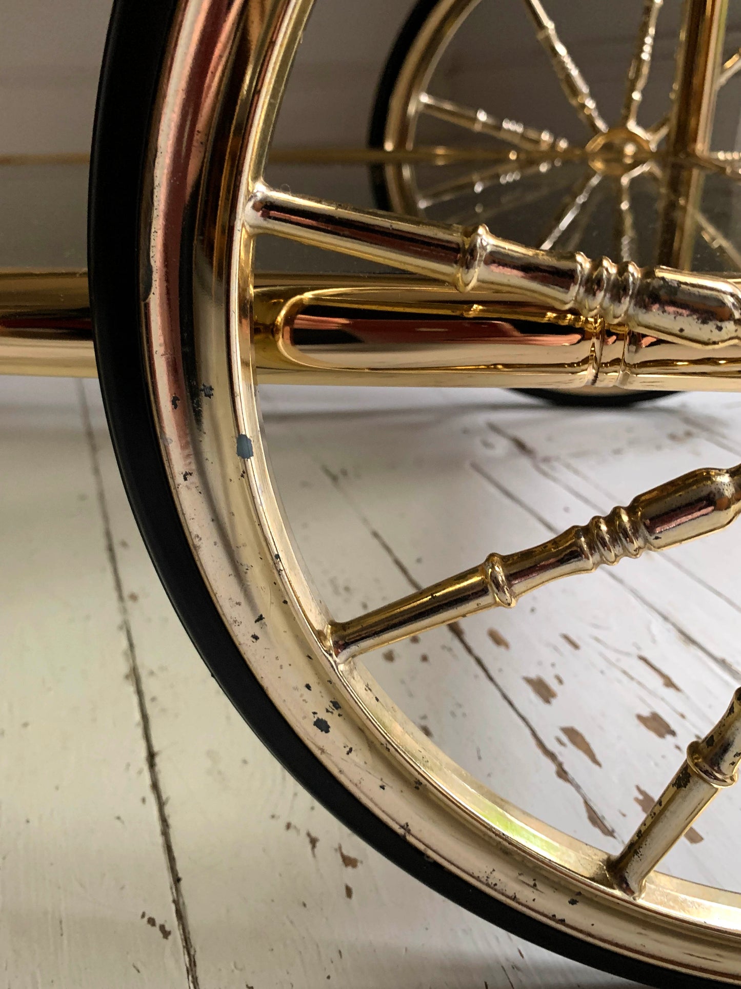 Vintage 1970s Faux Bamboo Brass & Glass Drinks Trolley / Bar Cart
