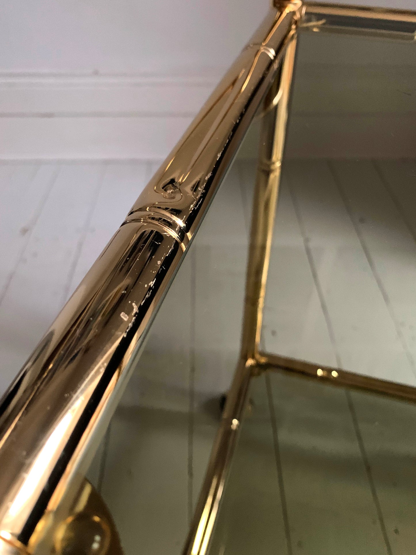 Vintage 1970s Faux Bamboo Brass & Glass Drinks Trolley / Bar Cart