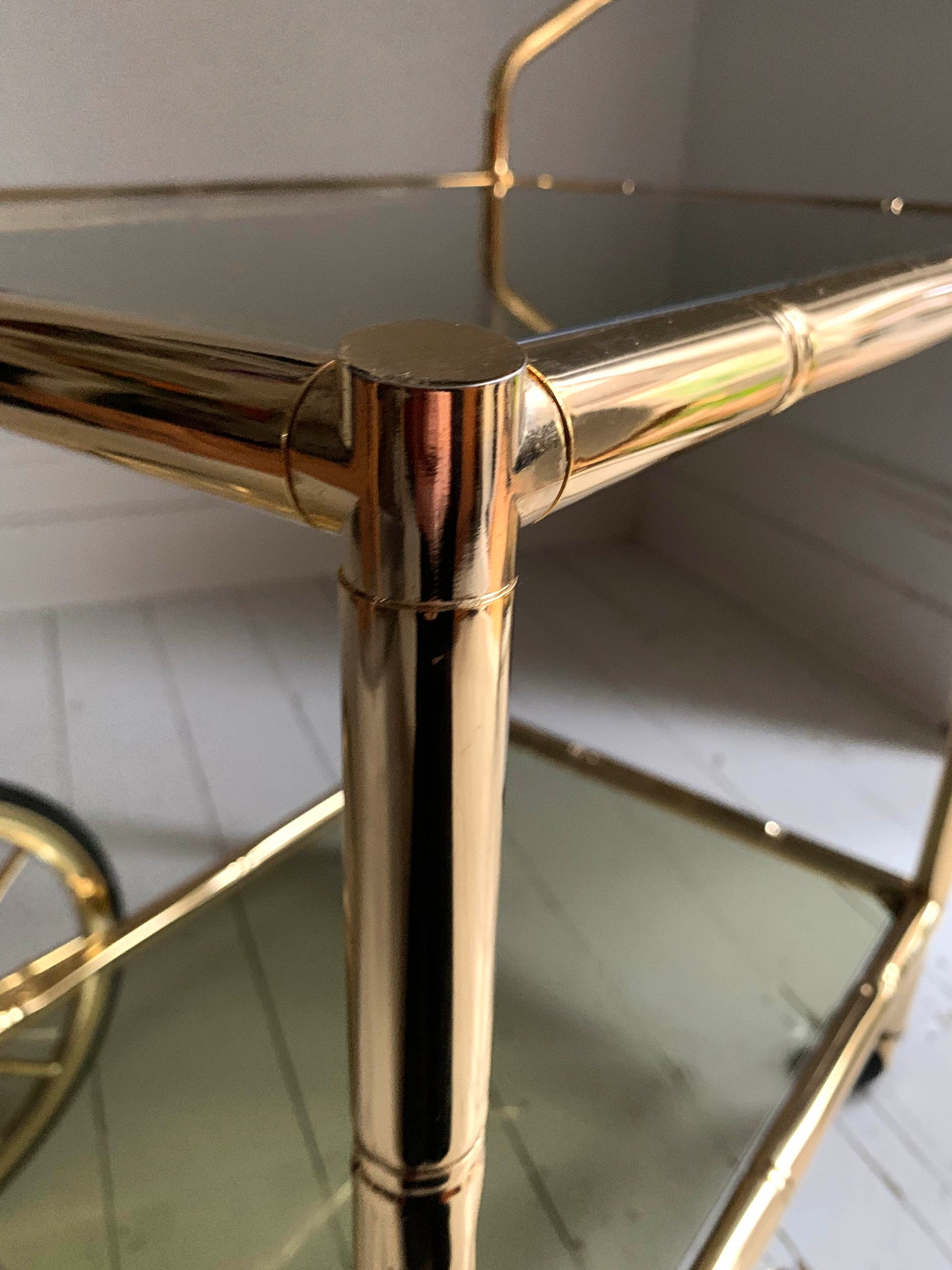 Vintage 1970s Faux Bamboo Brass & Glass Drinks Trolley / Bar Cart