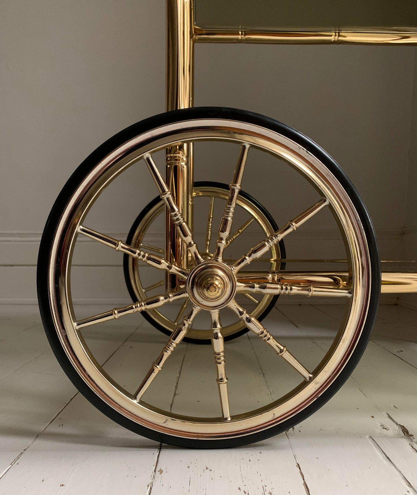 Vintage 1970s Faux Bamboo Brass & Glass Drinks Trolley / Bar Cart