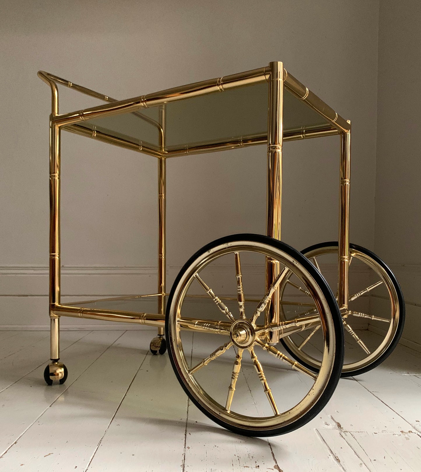 Vintage 1970s Faux Bamboo Brass & Glass Drinks Trolley / Bar Cart