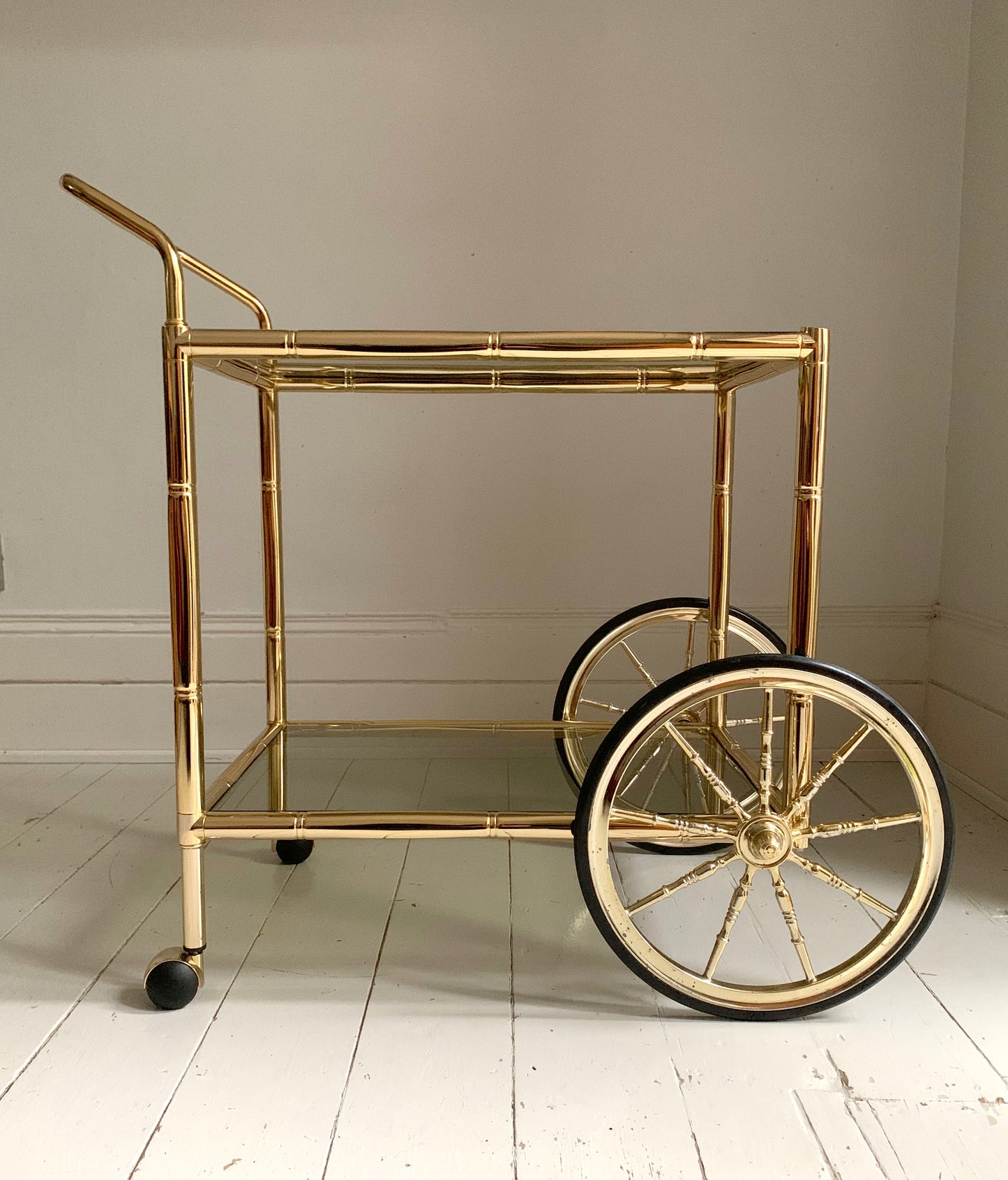 Vintage 1970s Faux Bamboo Brass & Glass Drinks Trolley / Bar Cart