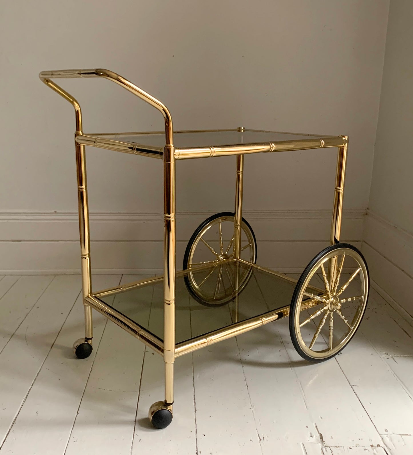 Vintage 1970s Faux Bamboo Brass & Glass Drinks Trolley / Bar Cart